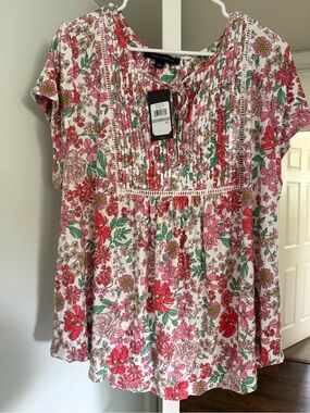 Tommy Hilfiger Pink Multi Floral Pintuck Peasant Top